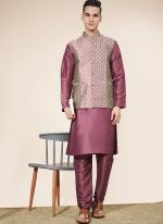 Pure Silk Pink Wedding Wear Printed Readymade Modi Jacket Kurta Pajama